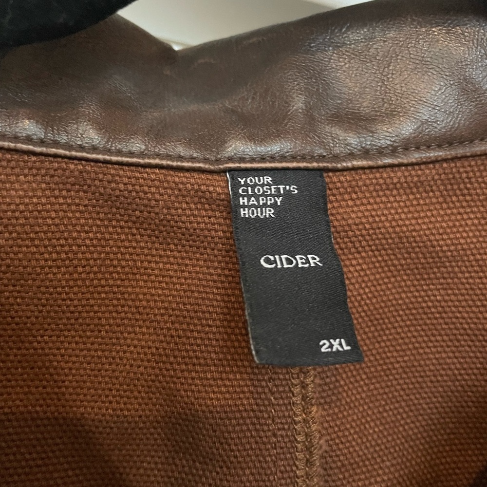 Brown Denim Leather Collar Solid Button Crop Barn… - image 4